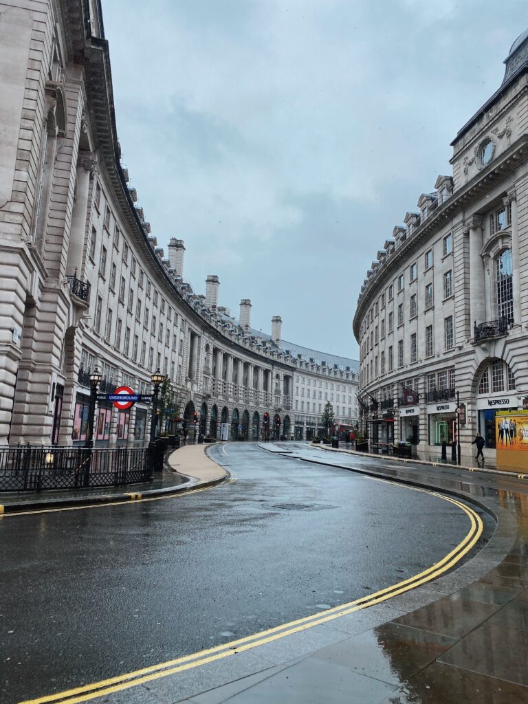 An image of Regent street in London on a rainy day.