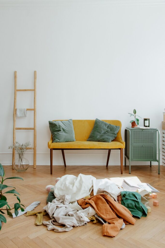 An image of clothes on the floor in a living room.
